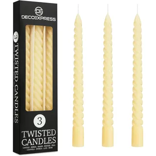 DECO EXPRESS Stabkerzen Set 3er oder 6er Tropffreie Stabkerzen Gedrehte Spiralkerzen Bunte Kerzen Brenndauer 6 Stunden Unparfümiert (Elfenbein, 3er-Pack)