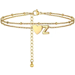 PROSTEEL Gold Fußkette für damen, Doppelte Herz Fußkettchen mit Buchstabe A-Z, 18k Vergoldet Fußschmuck für Mädchen Frauen