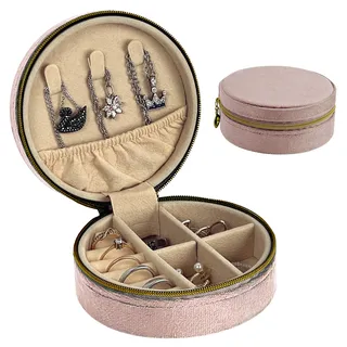 HomeGadget Reise Schmuckkästchen - Runde Schmuck Box aus Samt mit Reißverschluss - Jewelry Organizer - Rosa