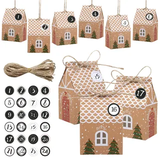LIHAO 24 Stück Geschenkbeutel Adventskalender Häuser Weihnachtskalender Klein Geschenkschachtel Haus Formen Süßigkeitskästen für Dekorationen Weihnachten Party Geschenke