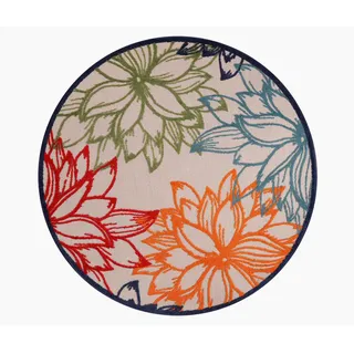 Outdoorteppich , Multicolor, Weiß , Textil , Blätter , rund , Oeko-Tex® Standard 100 , pflegeleicht , Teppiche und Böden, Teppiche, Runde Teppiche