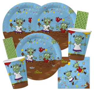 68-teiliges Party-Set - Die Olchis - Teller Becher Servietten Trinkhalme für 16 Kinder