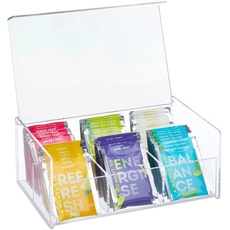 Relaxdays Teebox, Acryl, 6 Fächer, Teedose mit Deckel, HxBxT: 9 x 22 x 14,5 cm, Teebeutel Aufbewahrungsbox, transparent