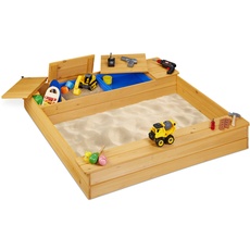 Relaxdays 10033854 Sandkasten mit Matschfach, Sandkiste Holz, Kunststoff, mit Sitzbank, 125 x 120 cm, Buddelkasten Kinder, natur