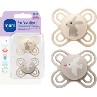 MAM Perfect Start Schnuller, 0-2 Monate, Hase/Möve, 2 Stück | Beugt Zahnfehlstellungen vor, SkinSoft Silikon, hautfreundlich dank Luftlöcher, inkl. Sterilisierbox