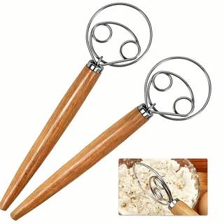 Dänischer Teigbesen 2er Set aus Edelstahl mit Holzgriff – 33 cm Danish Dough Whisk für Brotteig, Sauerteig, Kekse & Cremes – Schneller Teigrührer ohne Verklumpen (2)