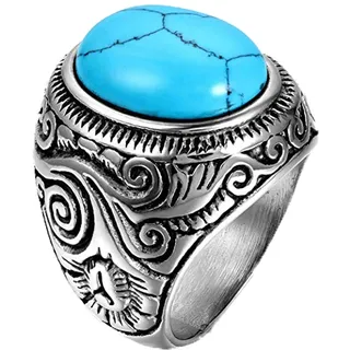 JewelryWe Herren-Ring, Edelstahl Retro Klasische geschnitzt Blumen Muster Kunststein Ring Band, Silber
