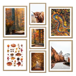 ag.art deco® Poster Set 7 Herbst Wandbilder | Herbst, Wald, Braun, Orange, Route im Wald, Blätter | Mehrteilige Wanddeko Wohnzimmer & Schlafzimmer | ohne Rahmen