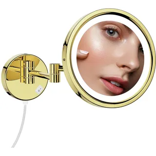 DOWRY Schminkspiegel mit Beleuchtung,7-Fach vergrößerungsspiegel Wandmontage,3 LED Farben Lichtern kosmetikspiegel, Rasierspiegel für Badezimmer,Gold,Ø21.5 cm