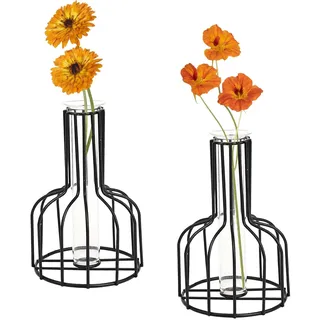 2 Stück Schwarze Blumenvase mit Metallrahmen, klares Glas, Reagenzglas, dekorativ, kleine Knospenvasen, Geschenke für Hochzeitsdekoration, Tischblumendekoration, Innendekoration, Wohnzimmerdekoration