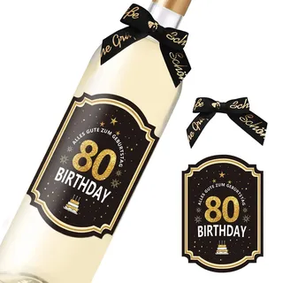 80. Geburtstag Flaschenetikett mit Schleife Schwarzes Gold Lack veredelt 8.5 x 10.5 cm Happy Birthday 80 - Geburtstagsdeko Geburtstagsgeschenk Geschenke für Frauen Männer