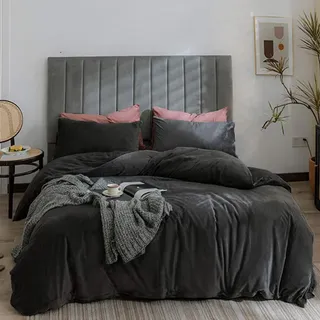 Michorinee Winter Plüsch Bettwäsche Set 155x220 Cashmere Touch Flauschig & Warme Coral Fleece Uni Bettbezug mit Reißverschluss - Anthrazit | 155 x 220 cm + 80 x 80 cm