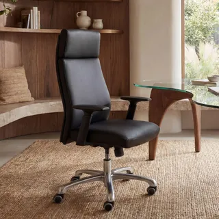 FineBuy Bürostuhl PORTO Echt-Leder Schwarz ergonomisch mit Kopfstütze Chefsessel Schreibtischstuhl ergonomisch mit Wippfunktion Drehstuhl - Schwarz