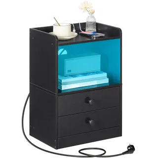 HOOBRO Nachttisch mit LED Streifen, Nachttisch mit Ladestation, Beistelltisch mit 2 Schubladen, Sofatisch für Schlafzimmer, Wohnzimmer, moderner Stil, Schwarz EBK28CDBZ01