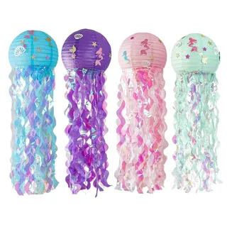 Hitopin 4 Stück Meerjungfrauen Papier Laterne,Quallen Papierlaternen,Papier Laterne,Hängedekoration Papier Lampions,Meerjungfrau Papierlaternen Deko,Partyzubehör mit Meeresmotiven Ozean Thema Party