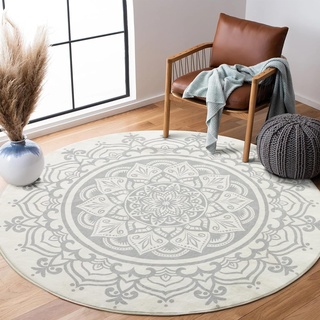 Carvapet Teppich Rund 120cm Weich und Flauschig Teppich Gegend Kreis rutschfest Waschbar Böhmisches Mandala Bodenteppich Wohnzimmer Schlafzimmer(Grau Mandala)