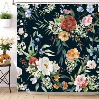 hometrixx Boho Schwarz Blumenmuster Duschvorhang 180 x 200 cm Bunte Blume Blätter Retro Aquarell Badevorhänge Polyester Badezimmervorhang für Dusche Bad Wasserdicht Maschinenwaschbar mit 12 Ringe