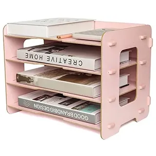 EXERZ Holz-Akten-Organizer 4 Ebenen Für Schreibtisch Ordnung, Bürobedarf, Dokumentenhalter, Schüler Hausaufgaben, Schularbeiten, Notizbuch, Briefe Lager, Stationär, DIY Kreative Dekoration - Rosa
