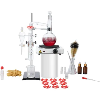 VEVOR Destillationsset für Ätherische Öle, 500 ml Destillationsapparat, 3,3 Boro-Laborglas-Destillationsset mit 1000 W Heizplatte und 24, 40 Gelenken, 33-teiliges Set