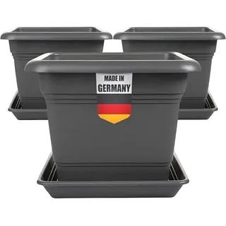 LIVINJA Pflanzkübel Groß Außen 3er Set - 40x40cm Robuste, Eckige Blumentöpfe, Frostsicher & mit Untersetzer, Anthrazit für Garten & Terrasse