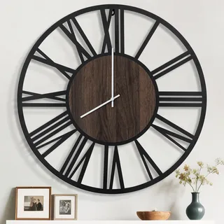 Mee 2ou 100cm Wanduhr, Leise Vintage Metall Uhr mit Holz-Zifferblatt, Batterie XXL Wanduhr im Landhausstil für Wohnzimmer, Schlafzimmer, Küche, Büro, Wanddeko
