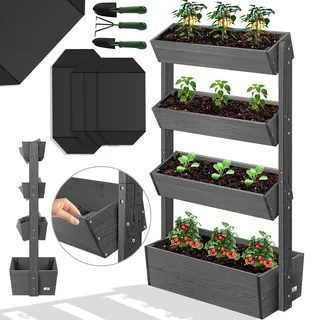 KESSER® Hochbeet mit Etagen Premium Blumenkasten Blumentreppe Pflanztreppe - Gemüsebeet Kräuterbeet Pflanzkübel Frühbeet Blumenbeet Pflanzkasten inkl. Gartenvlies- Beet für Terrasse Balkon & Garten - Grau