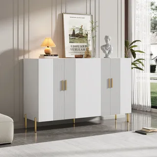 MODFU matte Sideboard mit 4 Türen, Schrank Buffet mit goldenen Metallgriffen für Wohnzimmer, Schlafzimmer, Kinderzimmer, Jugendzimmer und Büro, Weiß - Weiß