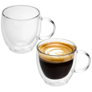 Intirilife 2X Doppelwandige Thermo Gläser Set -100-150ml- Mundgeblasen isoliert für Espresso Cappuccino, Teegläser Kaffeegläser Latte Macchiato Tassen, Schwebeeffekt mit Henkel