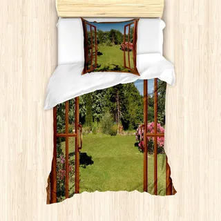 ABAKUHAUS Tropisch Bettbezug Set für Einzelbetten, Fenster zum exotischen Strand, Milbensicher Allergiker geeignet mit Kissenbezug, Grün Blau Braun - Grün