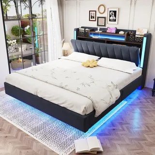 Ball & Cast Bettgestell (140x200 cm), Schwebebett mit Beleuchtung und Ladestation, Metallbett Kopfteil mit Stauraum, Leinen, Grau, Ohne Matratze