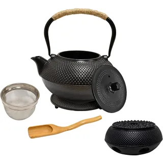 AD.CON Japanische Teekanne aus Gusseisen 1,5L mit Stövchen und Edelstahlsieb Schwarz für losen Tee im asiatischen Stil