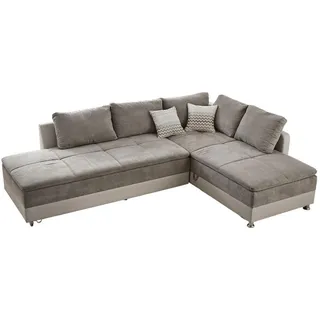 luma-home Ecksofa-Dauerschläfer Doppelbett Boxspring Federkern Topper, Schwenkteil links B306/T223/H95 cm, Kunstleder Beige+Mikrofaser Graubraun / 15101 , Textil , Füllung: Kaltschaum , Ottomane links,L-Form , 306x223 cm , Wohnzimmer, Sofas & Couches, Wohnlandschaften, Ecksofas