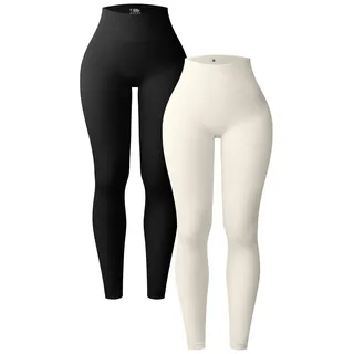 OQQ Damen 2 Stück Yoga Leggings Gerippt Nahtlos Workout Hohe Taille Athletic Pants, Schwarz/Beige, S