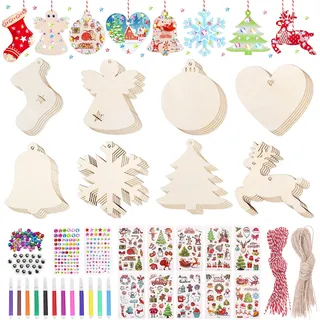 Yotako Weihnachtsbaum Deko Holz, 254 Stück Bemalen Holz Anhänger Weihnachten Kinder, Weihnachtsdeko Holz Bastelset, Holzanhänger Christbaumschmuck, Ornamenten für Weihnachtsbaum Geschenkanhänger