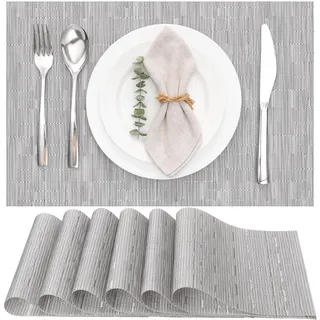 Myir JUN Tischsets Abwaschbar 6er Set, Gewebte Platzdeckchen rutschfest Abgrifffeste Hitzebeständig, Vinyl Platzsets Abwaschbar für küche Speisetisch Hotel, Platz-Matten 30x43.5cm (Silber)