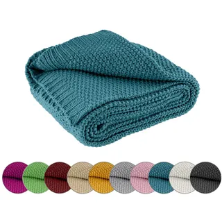 wometo Kuscheldecke Strick 140x190 türkis Petrol - Strickdecke oekoTex warme weiche Decke mit edlem und schlichten Strickmuster