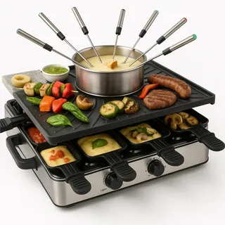 Raclette Fondue Set für 8x Personen - antihaftbeschichtet - Mit Topf & Tischgrill inkl. Pfännchen & Schaber (Fondue Set)