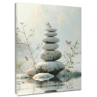 LB Wandbilder Zen Spa Poster Schmetterling auf weißen Steinen Wanddruck Grüne Pflanze mit Blüte Leinwand Bilder für Wohnzimmer Schlafzimmer Badezimmer Wand Deko,40x60cm Ungerahmt