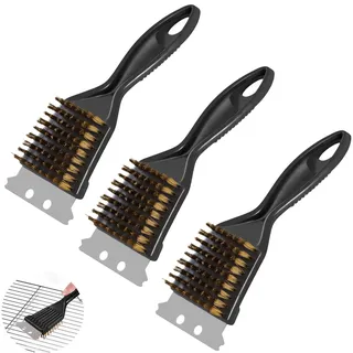 QUNXON Grillbürste, 3 Stück BBQ Messingbürste, 2IN1 Grillbürste Messing mit Messingborsten und Edelstahlschaber, PP Griff Messingbürste Grill für Gasgrill, Holzkohlegrill, Elektrogrill und Grillrost