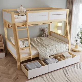 MODFU Etagenbett 90x200cm&120x200cm mit vierseitige Umzäunung,Kinderbett mit Drei Schubladen aus Rollen,Jugendbett Holzbett mit Trittleiter,Weiß+Natur Bettgestell mit Bilderbuchstände - Weiß