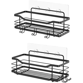 Wintem - Selbstklebende Wandregale aus schwarzem verchromtem Stahl Set 2 platzsparend für Bad und Küche mit integrierten Haken und ohne Bohren Modernes Design