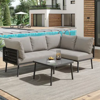 3-teiliges Terrassenmöbel-Set, L-förmiges Garten-Lounge-Set aus Seil mit Sitzkissen, Terrassen-Sitzgruppe aus Eisen für Terrassen, Balkone, Gärten, gr - Grau