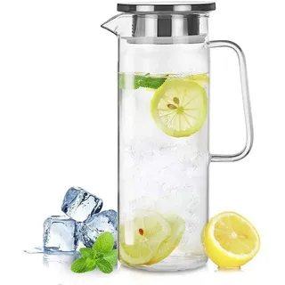 HwaGui Karaffe Borosilikatglas glaskaraffe mit Edelstahl Deckel für heißes/Kaltes wasser und Saftgetränk, 1,2L/42oz