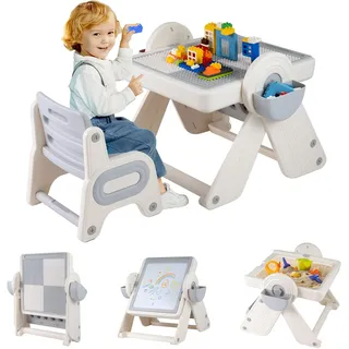 FANTASK 6 in 1 Kinder Tisch Stuhl Set, Staffelei mit wendbarer Tischplatte, Bücherregal & Körben, Kindersitzgruppe klappbar, Spieltisch 3 stufig höhenverstellbar für Kinder ab 18 Monaten (Grau)