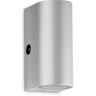 TELEFUNKEN - LED Außenlampe IP44, Wandleuchte Außen, Dämmerungssensor, 2x GU10, 4000K Neutralweiß, Silberfarbig, 151x67x92mm (LxBxH), 307104TF