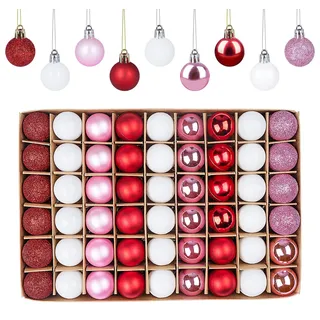 Weihnachtskugeln Plastik 54er Set, Christbaumkugeln 3CM, enthält Mini Weihnachtskugeln Weiß Rot Rosa, Bruchsicher Weihnachtsbaumschmuck mit Schlüsselband Kleine Kugeln Weihnachten