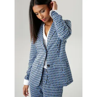 Kurzblazer ANISTON SELECTED, Damen, Gr. 48, blau (blau, schwarz, sanftes weiß), Jersey, Obermaterial: 74% Polyester, 22% Viskose, 4% Elasthan, Jacquardmuster, gemustert, figurbetont hüftlang, Blazer Kurzblazer, mit grafischem Allover-Muster, Topseller