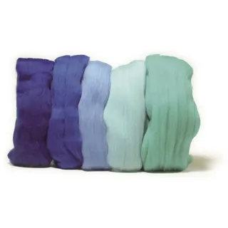 Rayher 5365100 Merino-Kammzug, superfein, 19 mic, 5x10g Sortiert, SB-Btl 50g, Blau-Töne