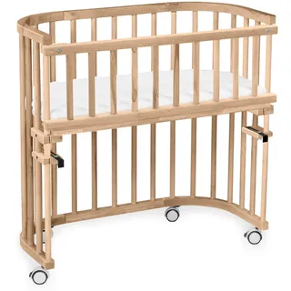 babybay Maxi extra großes Beistellbett aus massivem Buchenholz/Kinderbett Höhe stufenlos verstellbar & umweltfreundlich/mit Matratze, Gitter, Rollen (Natur lackiert)