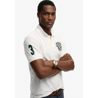 Poloshirt SUPERDRY "CREST POLO", Herren, Gr. XL, weiß (optic), Single Jersey, Obermaterial: 100% Baumwolle, bedruckt, relaxed fit normal, Rundhals, Shirts Poloshirt, mit Markenlabel, aus Baumwolle, Relaxed Fit, bedruckte Optik